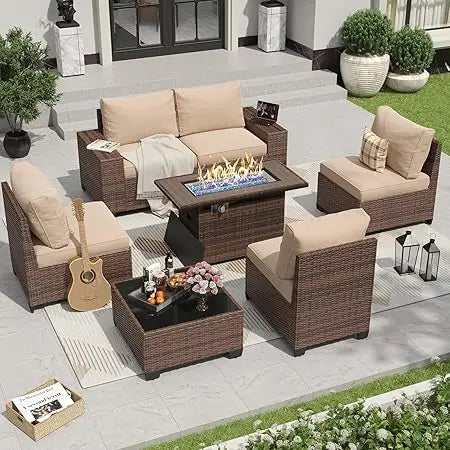 7 Pieces Patio Furniture Set with 44” Fire Pit Table Wicker Rattan