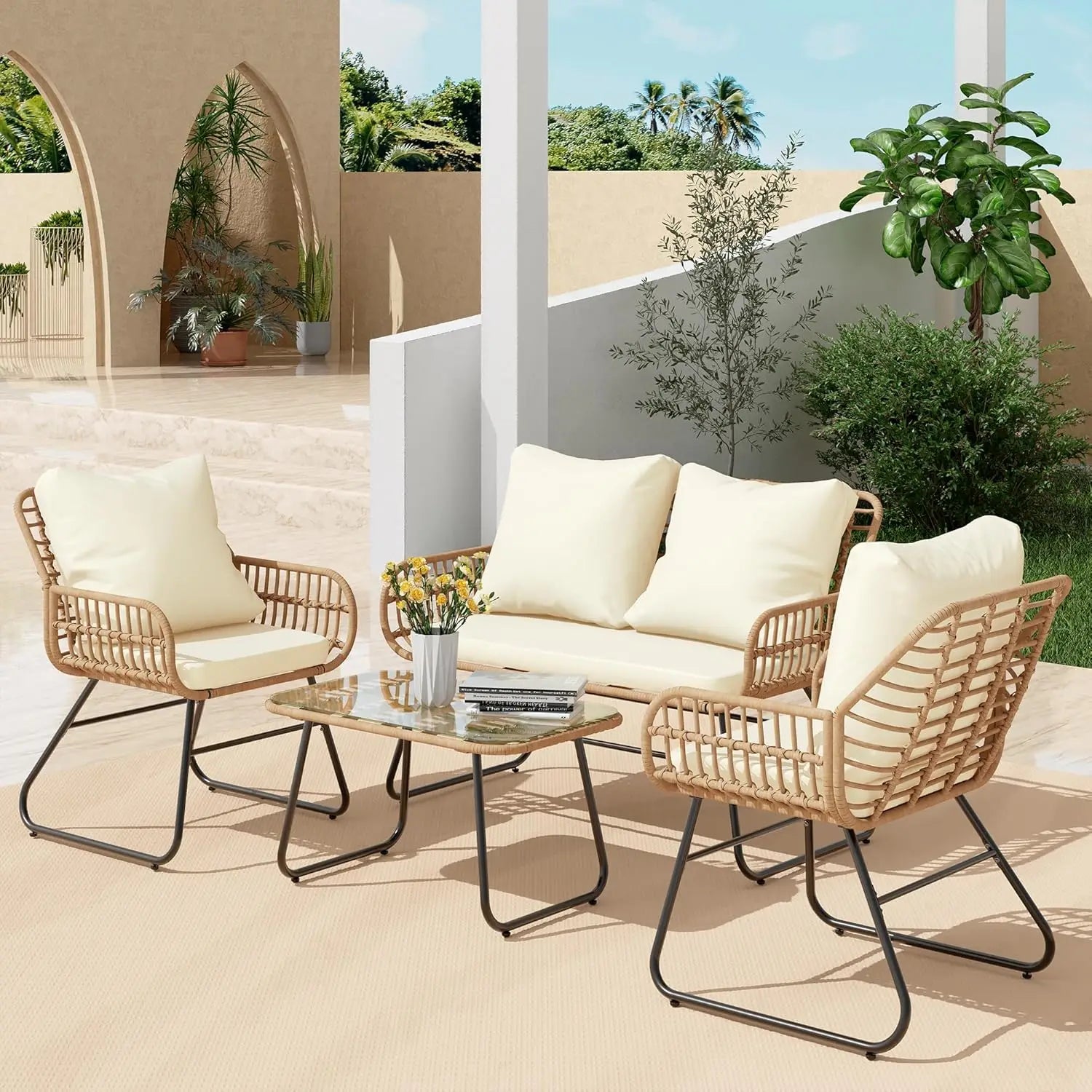 4-Piece Outdoor Patio  Set with Cushions & Tempered Glass Table