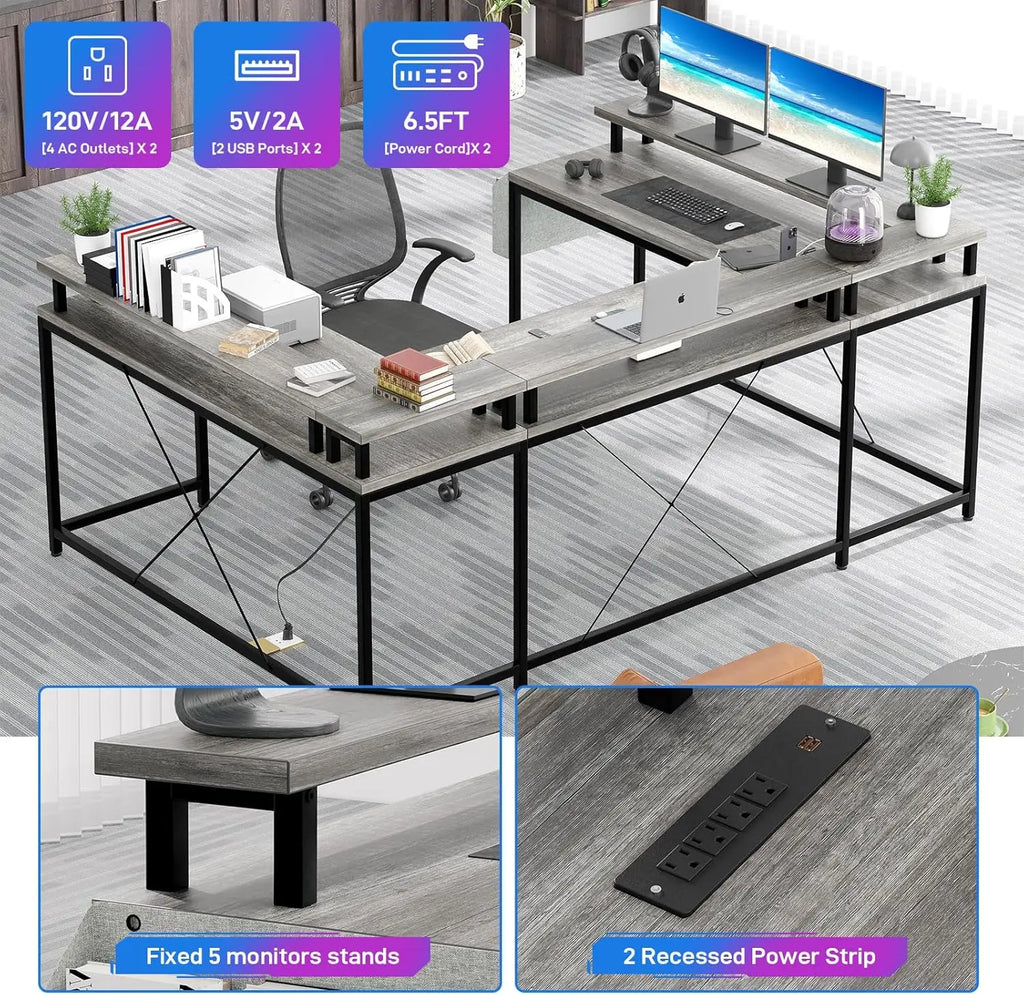 U Shaped Gaming Desk with Monitor Stand Storage Shelves
