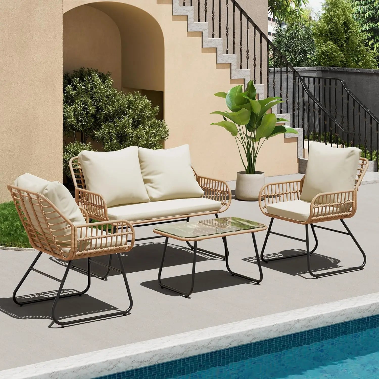 4-Piece Outdoor Patio  Set with Cushions & Tempered Glass Table