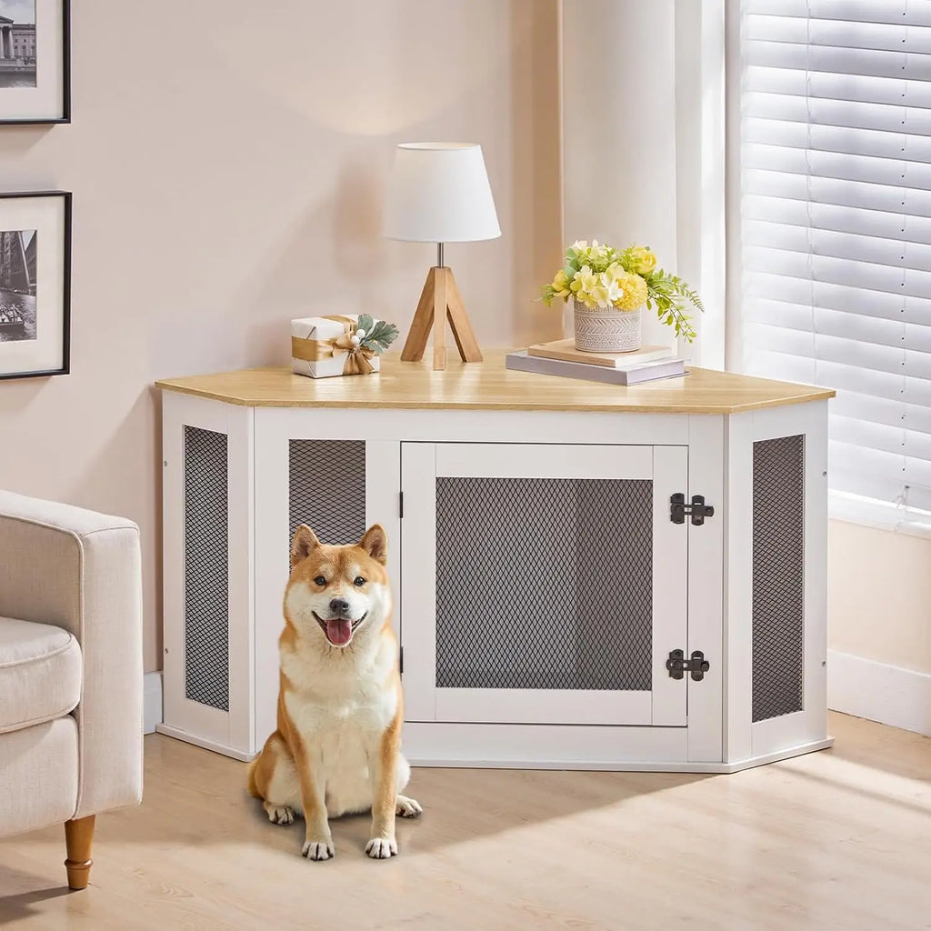 Corner Dog Crate Furniture, Wooden Kennel End Table
