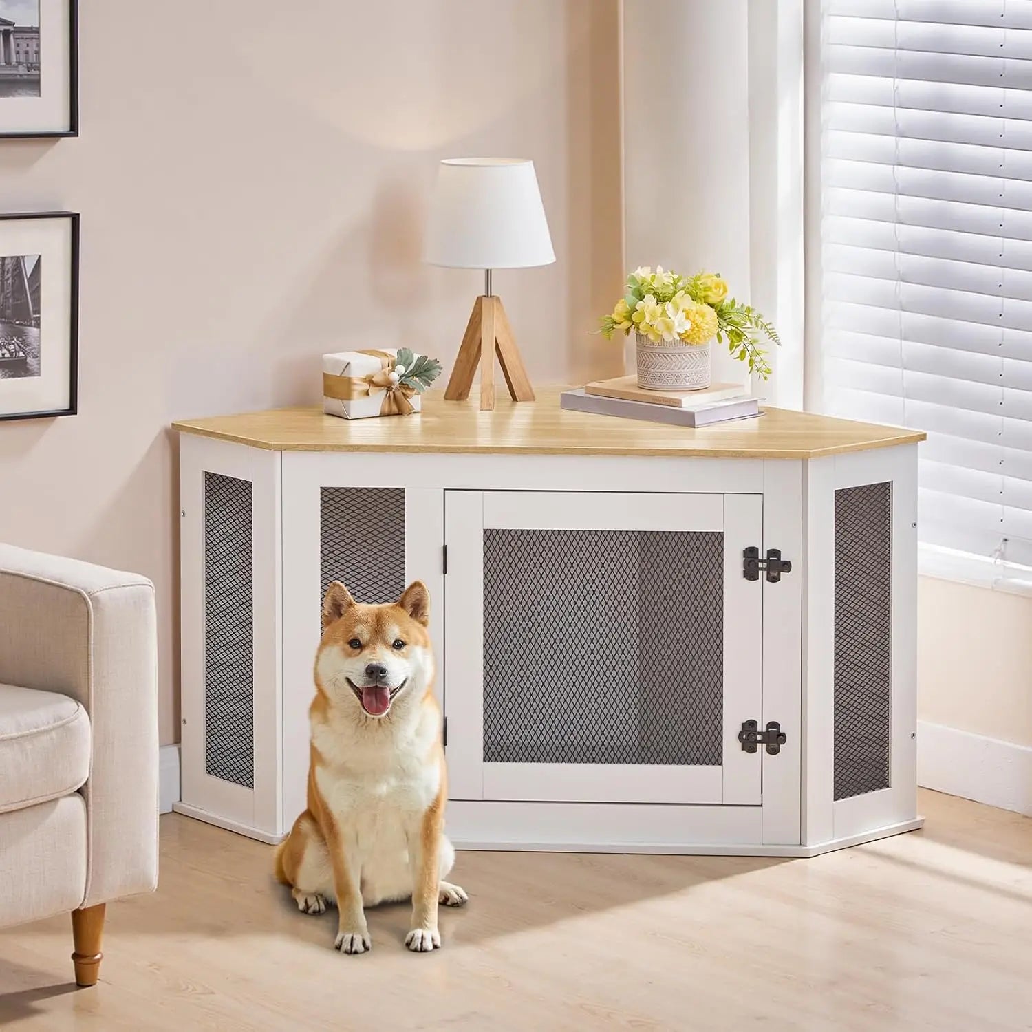 Corner Dog Crate Furniture, Wooden Kennel End Table