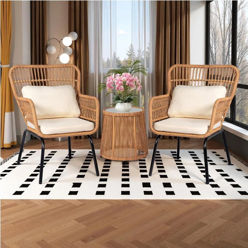 3 Piece Outdoor Wicker Bistro Set, Patio Conversation w/2 Rattan Chairs