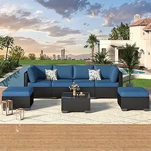 7 Piece Outdoor Patio Furniture Set, Rattan Wicker with Tea Table