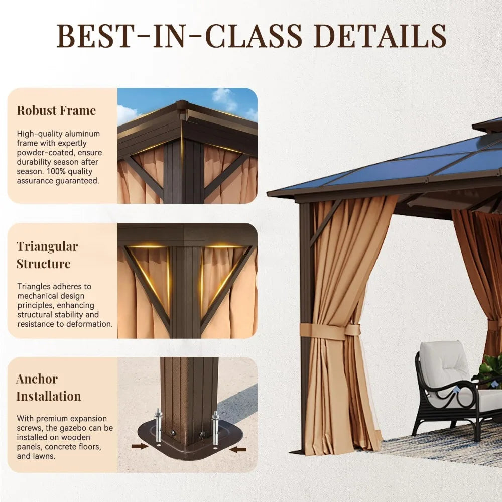 10x12ft Hardtop Gazebo with Double Roof Netting & Curtains