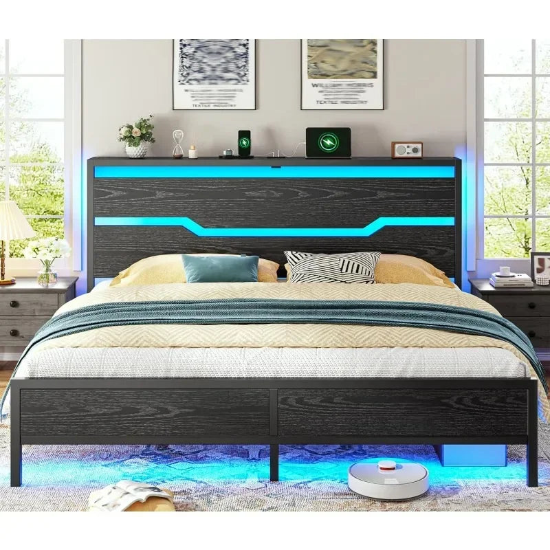 Bed Frame with LED Lights & Charging Station