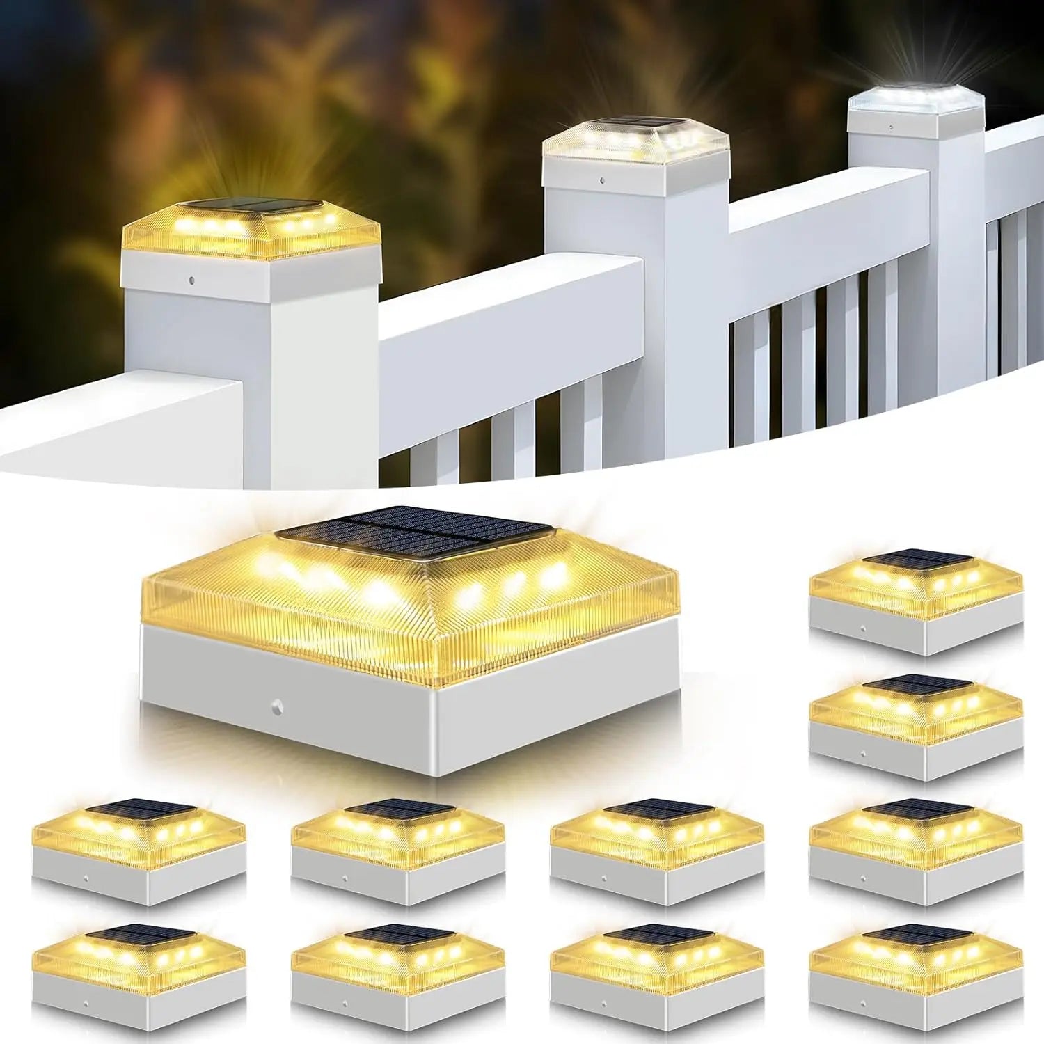 4x4 Solar Post Cap Lights, 12-Pack, Waterproof, 3 Color Modes