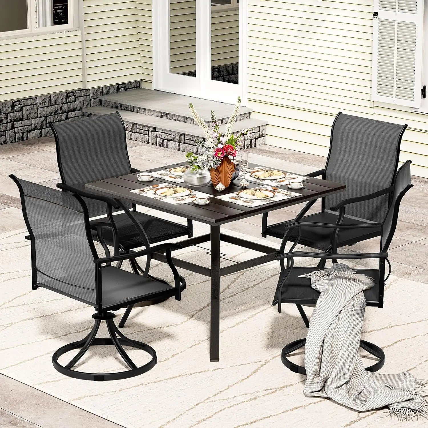 5 Piece Outdoor Patio Dining Set with 4 Swivel Chairs And Table