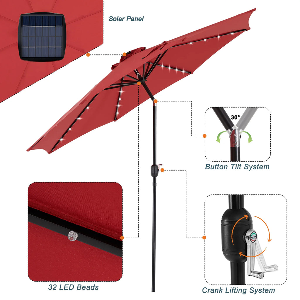 10FT Solar Patio Umbrella with 32 LED Light Outdoor Table Umbrella