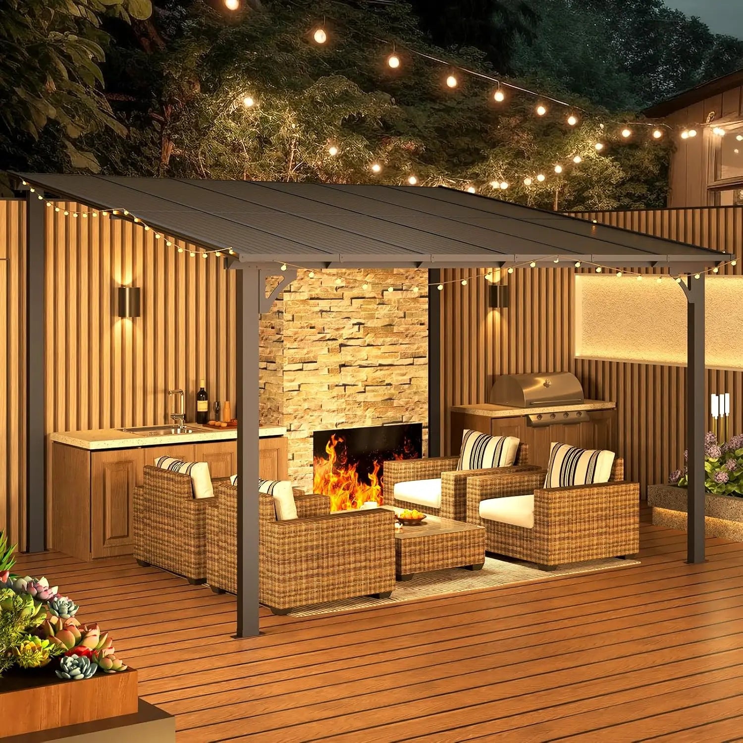 Wall Gazebo12’ x 10’, Hard Top Gazebos Pergola on Clearance