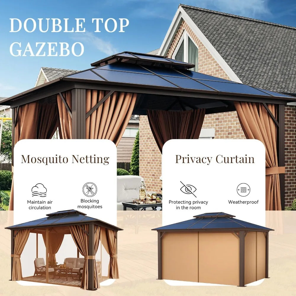 10x12ft Hardtop Gazebo with Double Roof Netting & Curtains