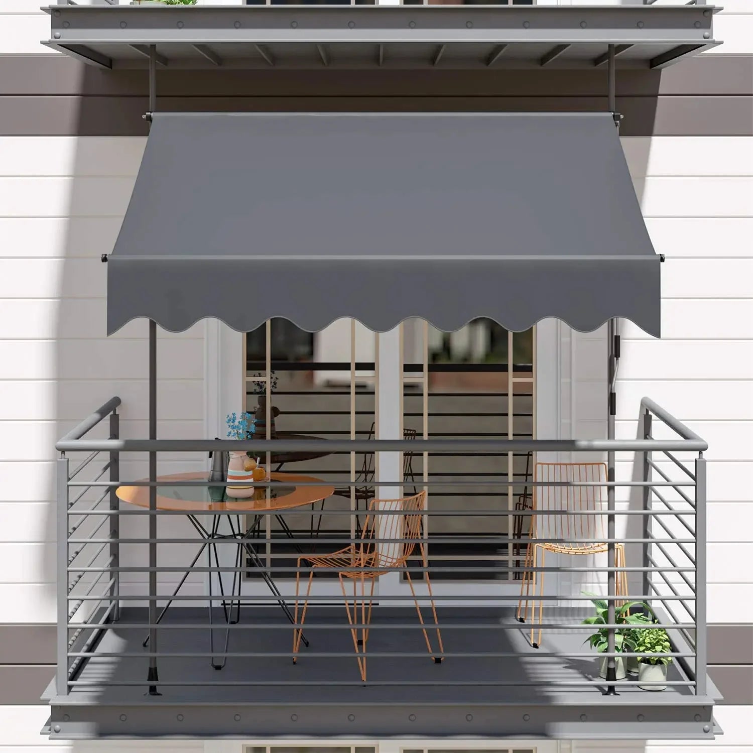 Awning Balcony Patio Retractable Awning UV50+ Sun Shade Awning Clamp Garden Sun Protection with Hand Crank Without Drilling